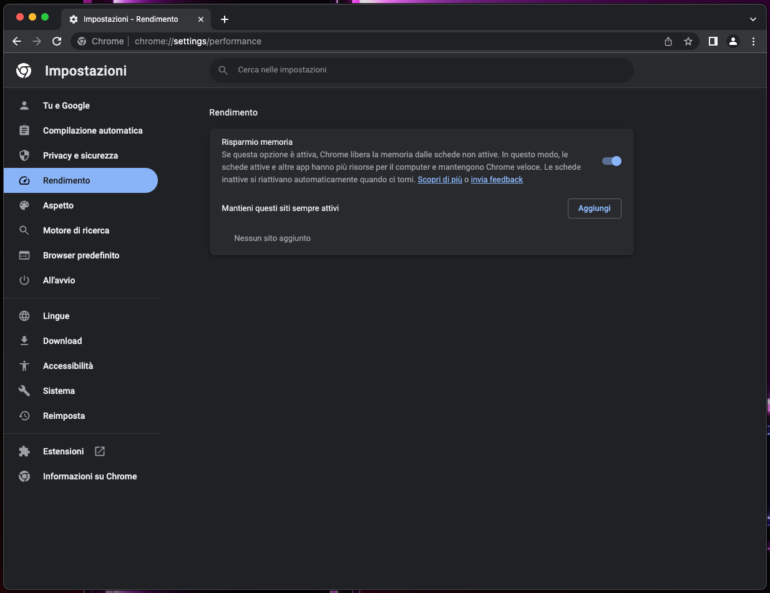 ridurre memoria google chrome